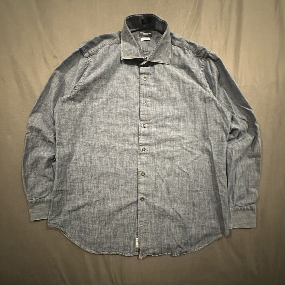 Peter Millar Collection Japanese Shirt Mens XL Denim Long Sleeve 100% Cotton